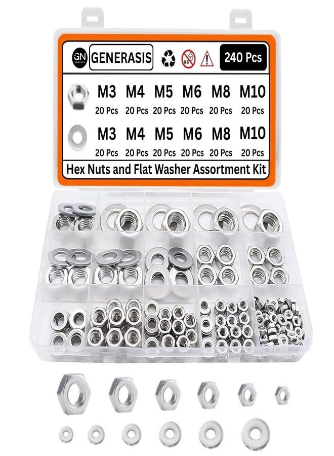 Generasis - Metric Hex Nut and Washer Assortment Kit, 6 Size Nuts and Washer Set (M3 M4 M5 M6 M8 M10) 304 Stainless Steel Hardware Hex Nuts for Screw Bolt (240 Pcs Small Assortment Kit) - Image 1
